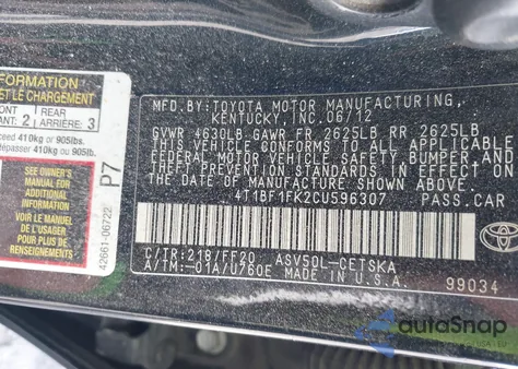 2012 Toyota Camry Se z USA, uszkodzony, nr VIN 4T1BF1FK2CU596307